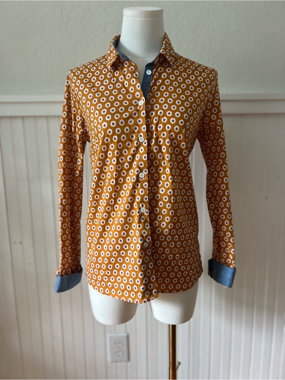 Souleiado France Cotton Button Front Shirt Women's EU 36 S Mustard Floral Print